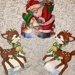 Vintage 1979 Holiday Santa & Two Reindeer Cardboard Cutouts Window Decorations